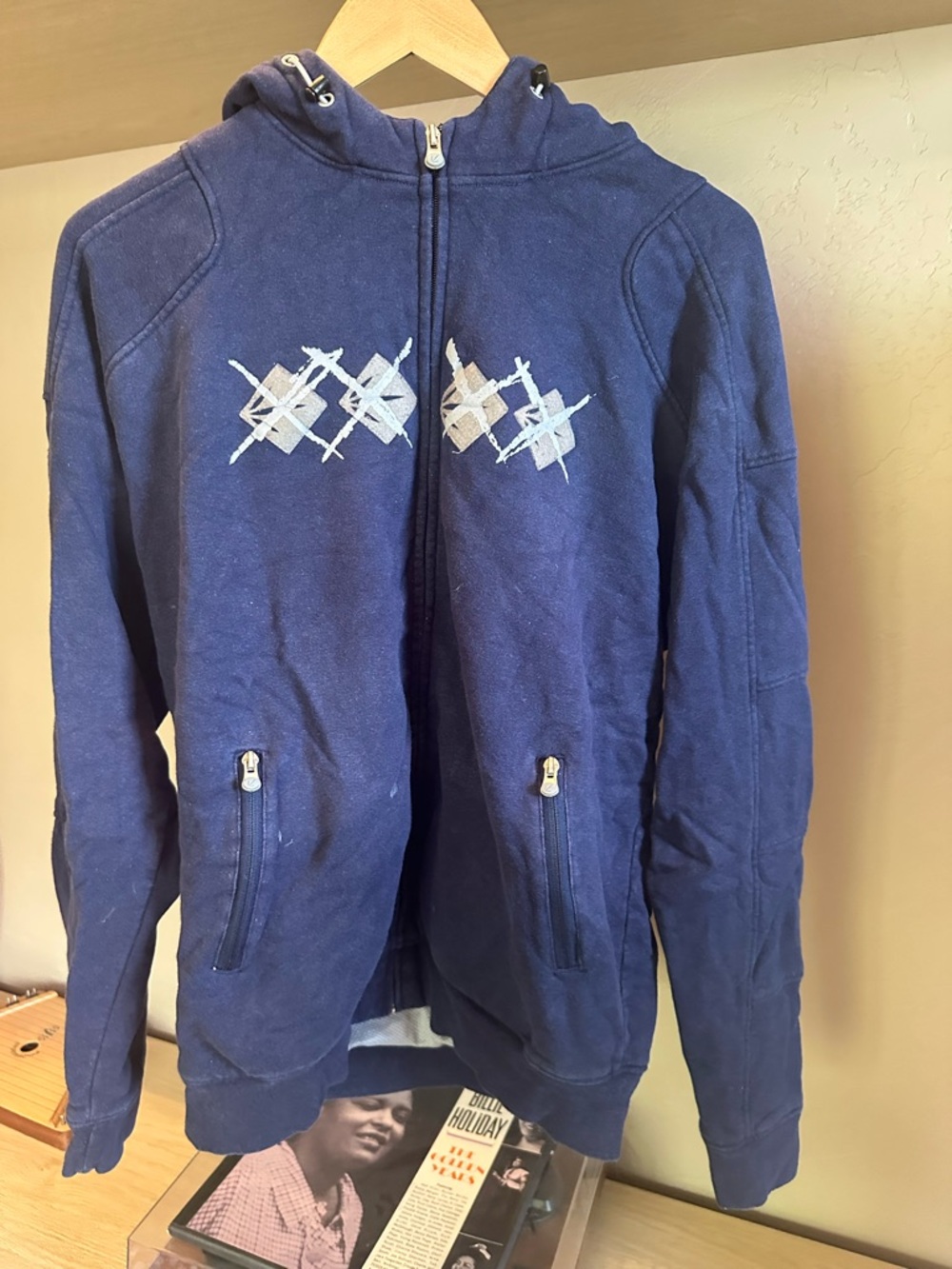 Navy Hemp/Cotton Mesh Zip-Up Hoodie with Geometric Embroidery